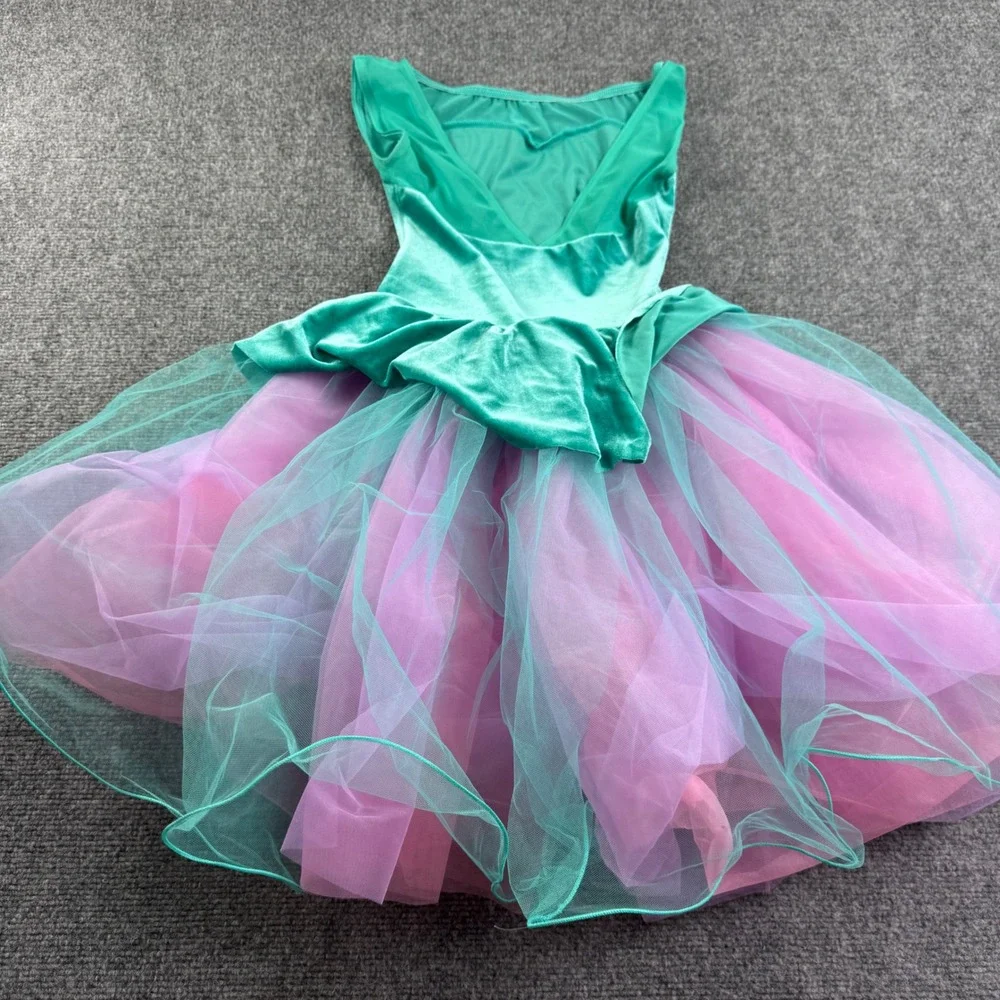 A Wish Come True Dance Costume LC Teal Velvet Floral Tulle Dress Girls Kids